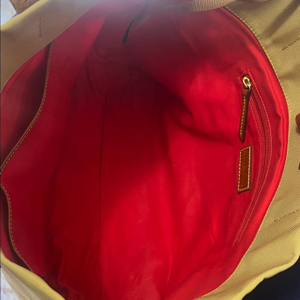 Dooney & Bourke Large Canvas Shopper Neutral Tan with Leather Trim Red interior - Picture 4 of 13